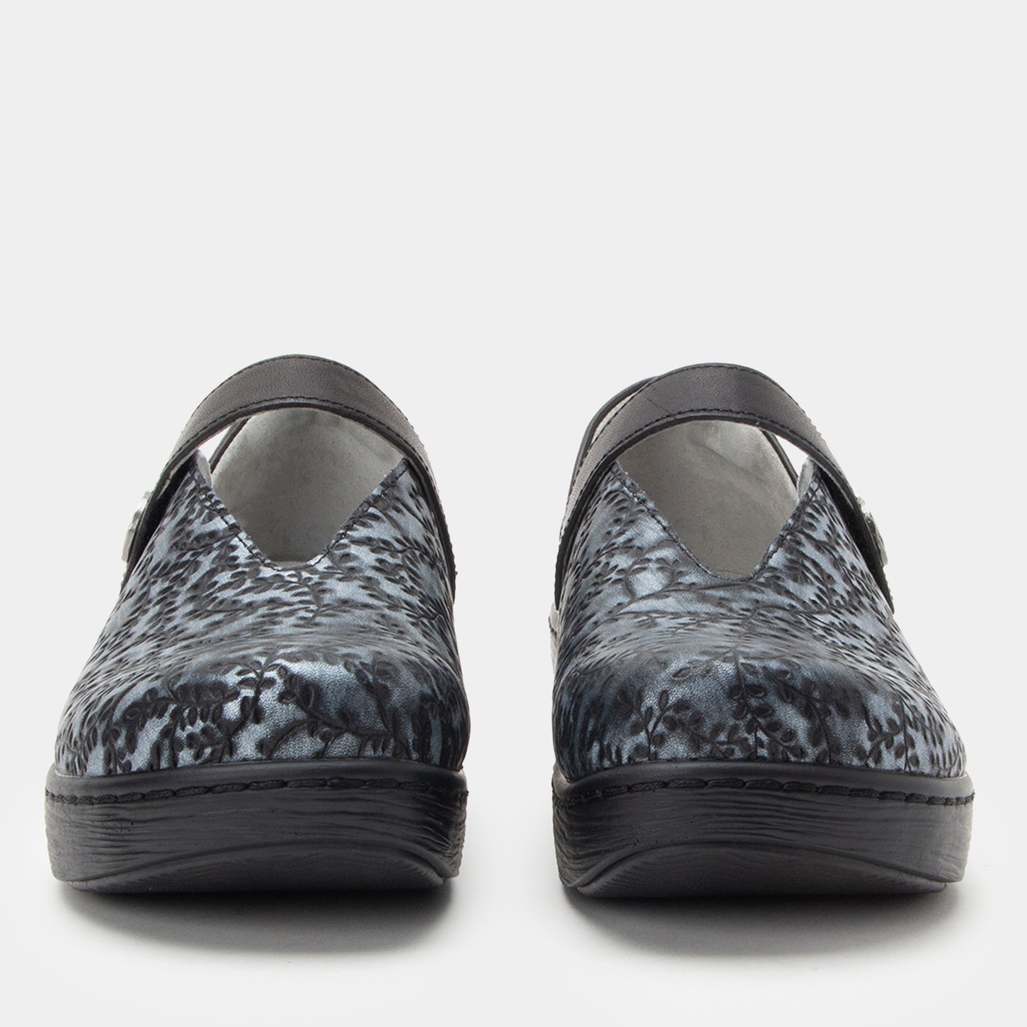 Pair of black and gray patterned shoes on a white background
