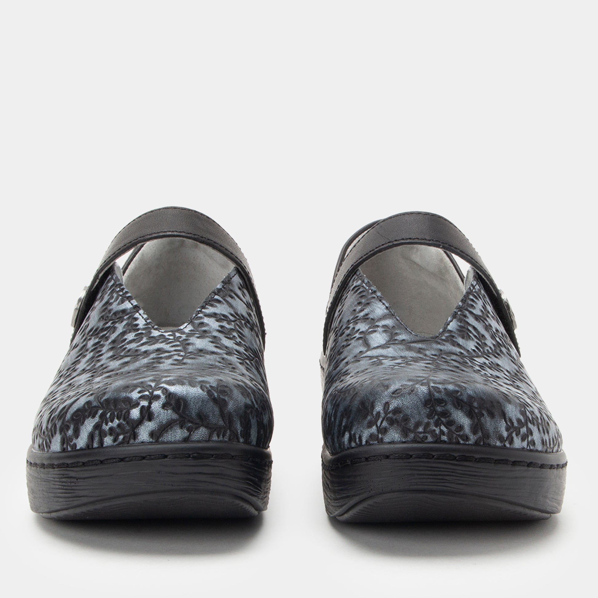 Pair of black and gray patterned shoes on a white background