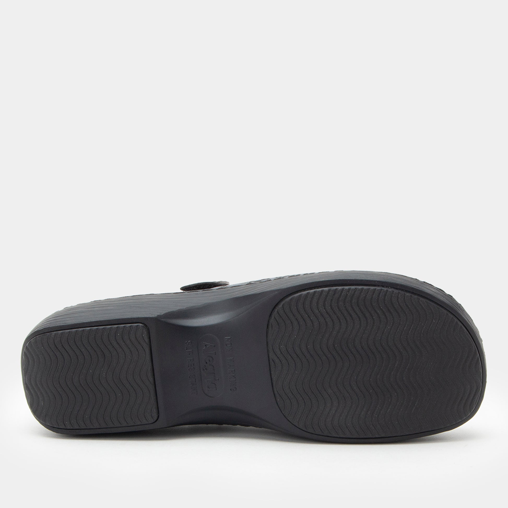 Black shoe sole with brand logo on a white background