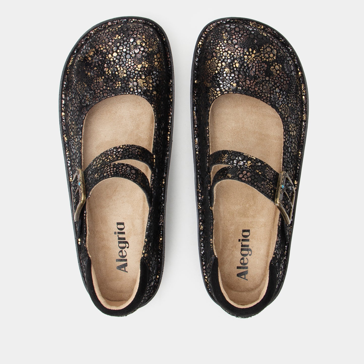 Pair of black glittery shoes with 'Alegria' branding on a light gray background