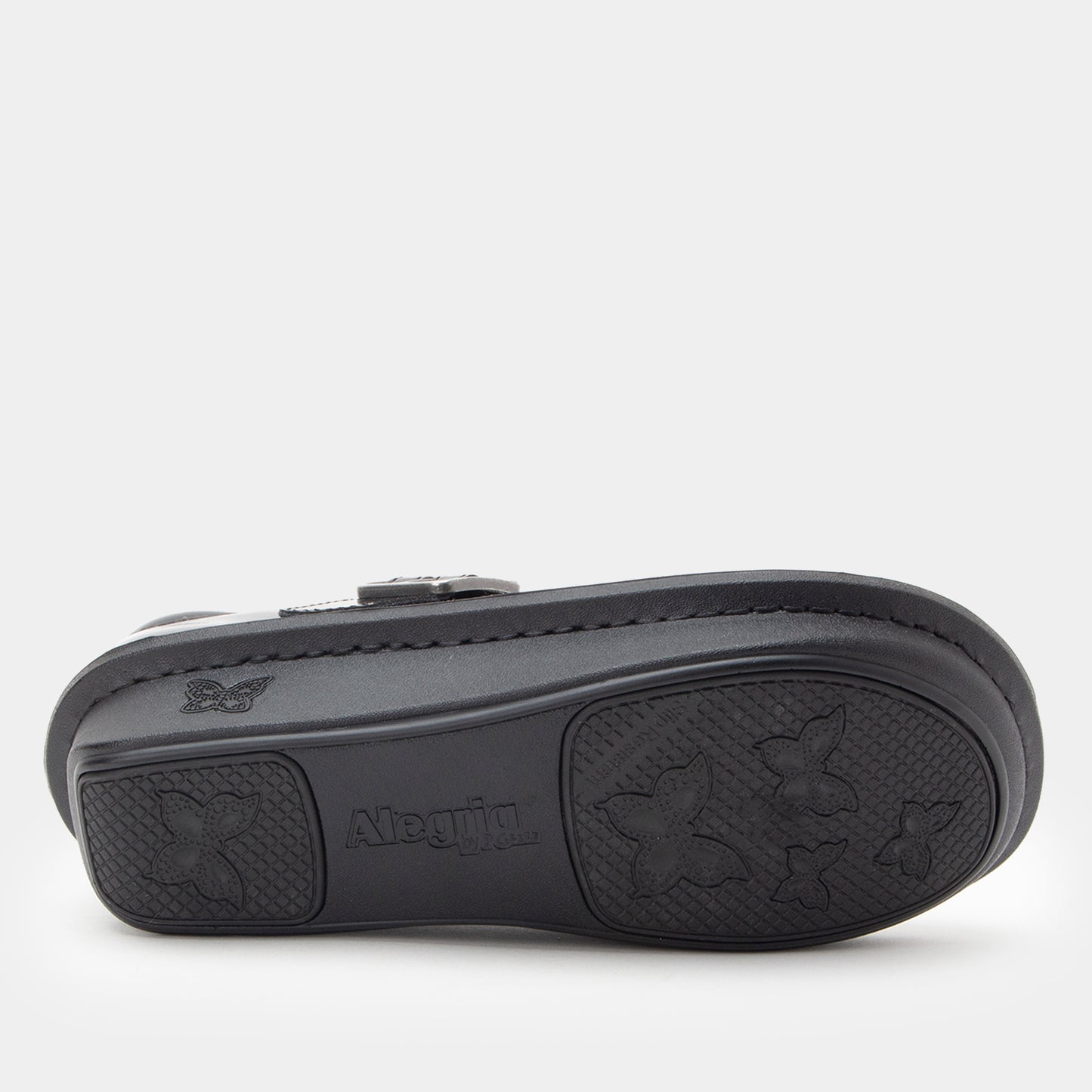 Black sandal sole with brand logo on a white background