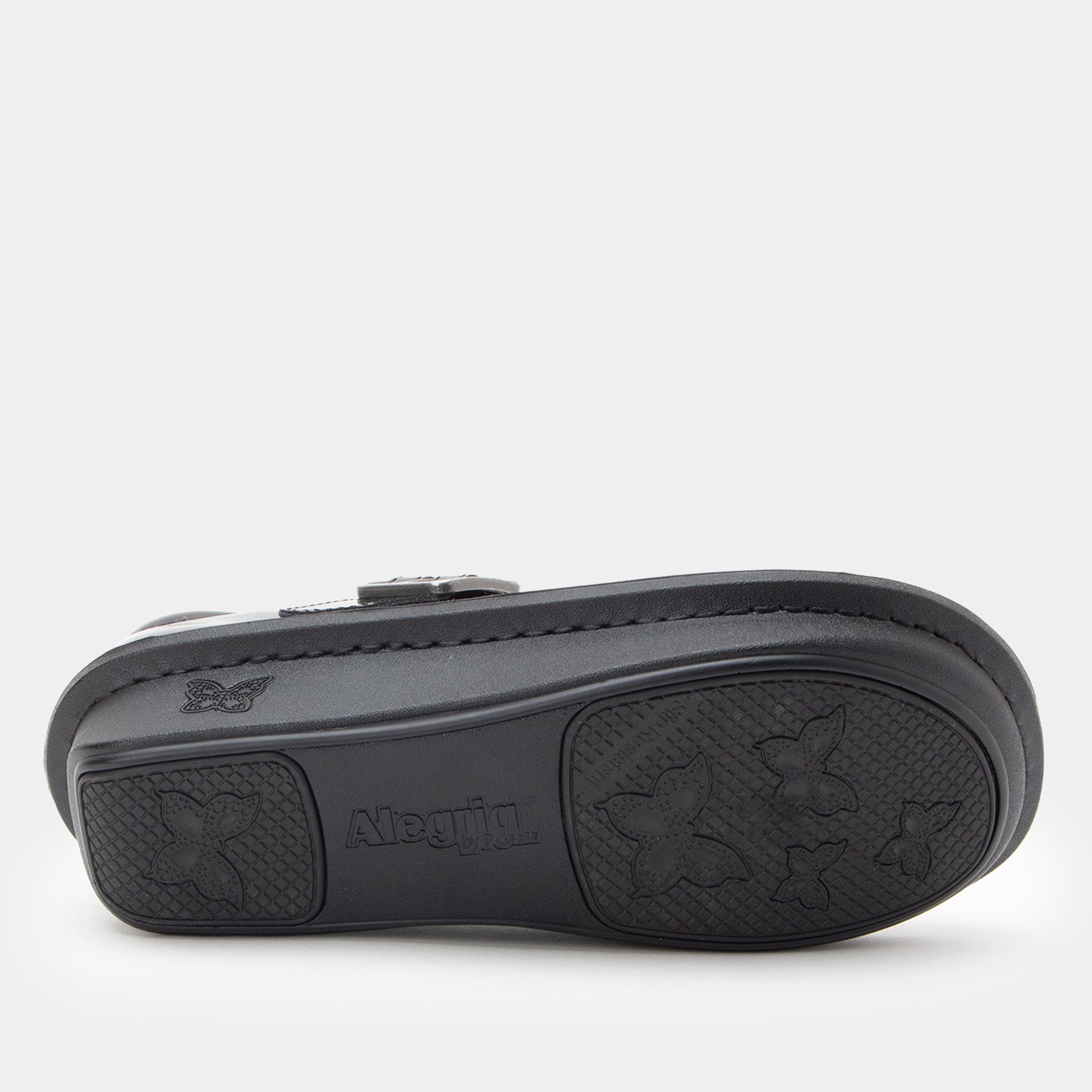 Black sandal sole with brand logo on a white background