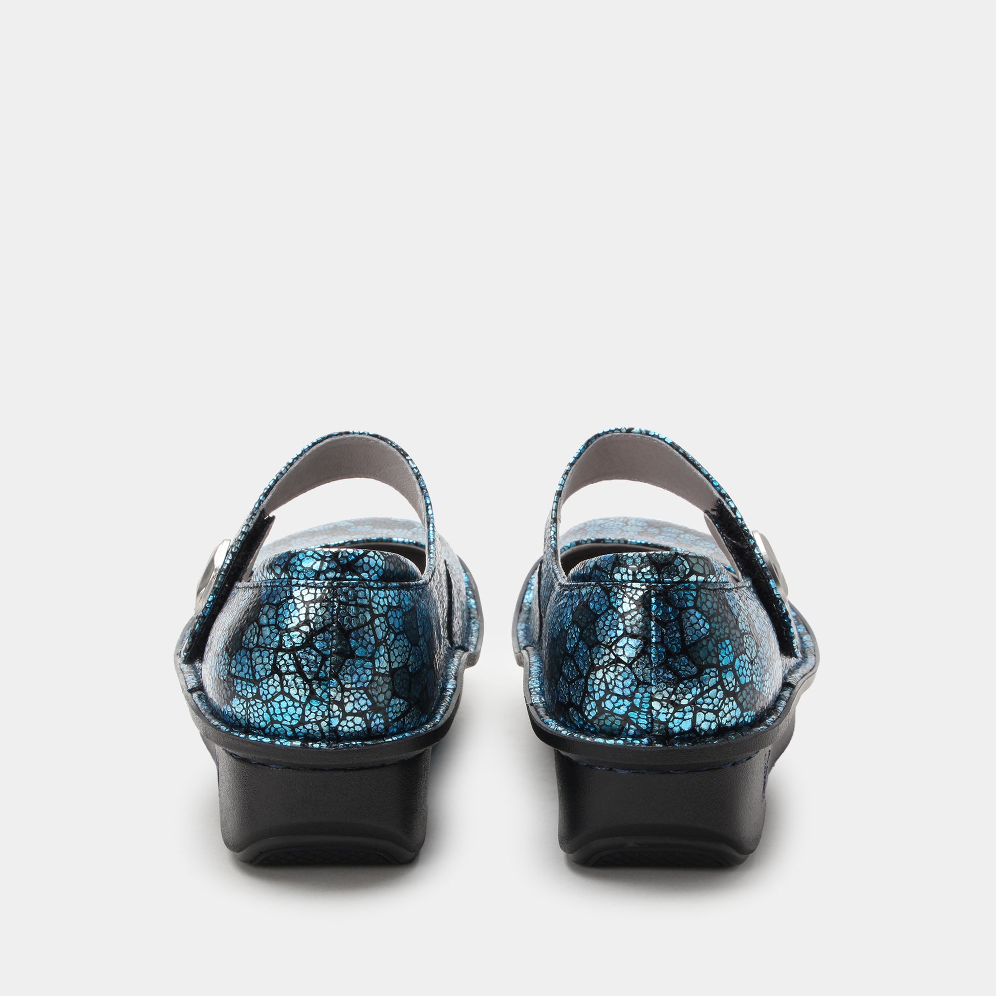 Pair of blue patterned shoes on a white background