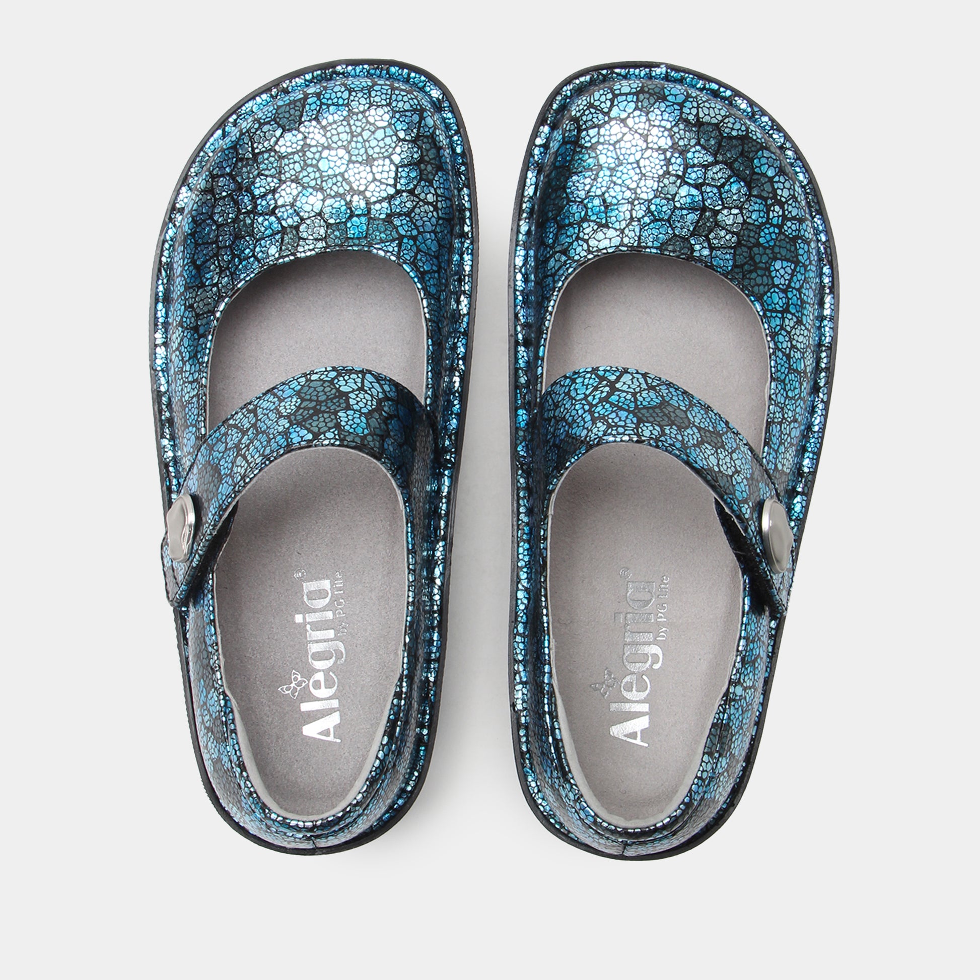 Pair of blue floral-patterned sandals with 'Alegria' branding on a light gray background