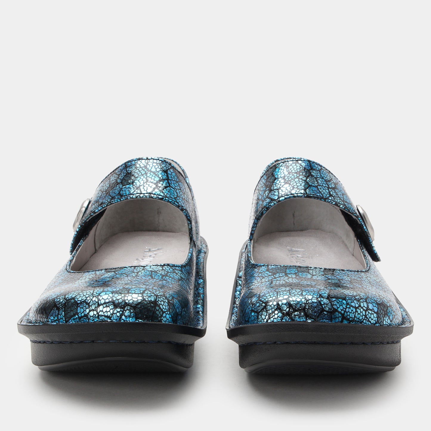 Pair of blue patterned shoes on a white background