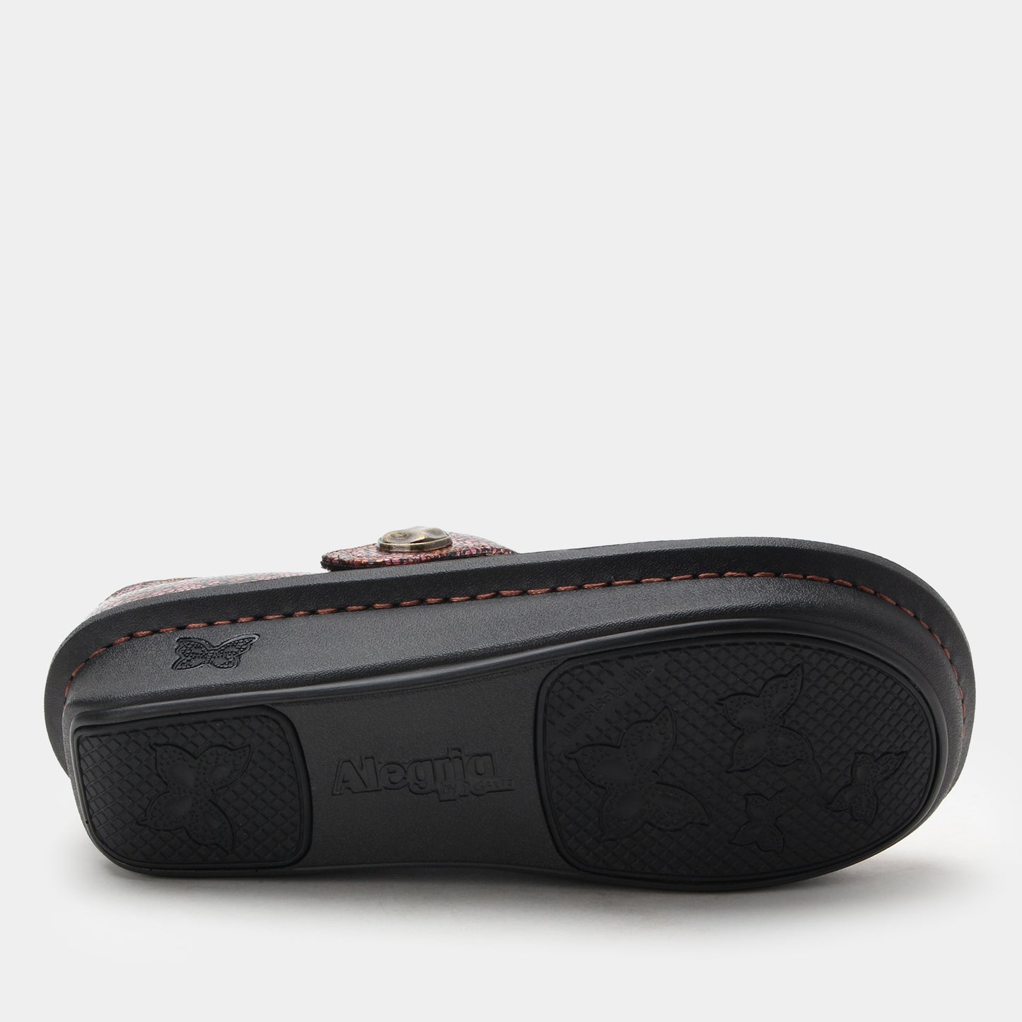 Black sandal sole with 'Alegria' branding on a white background