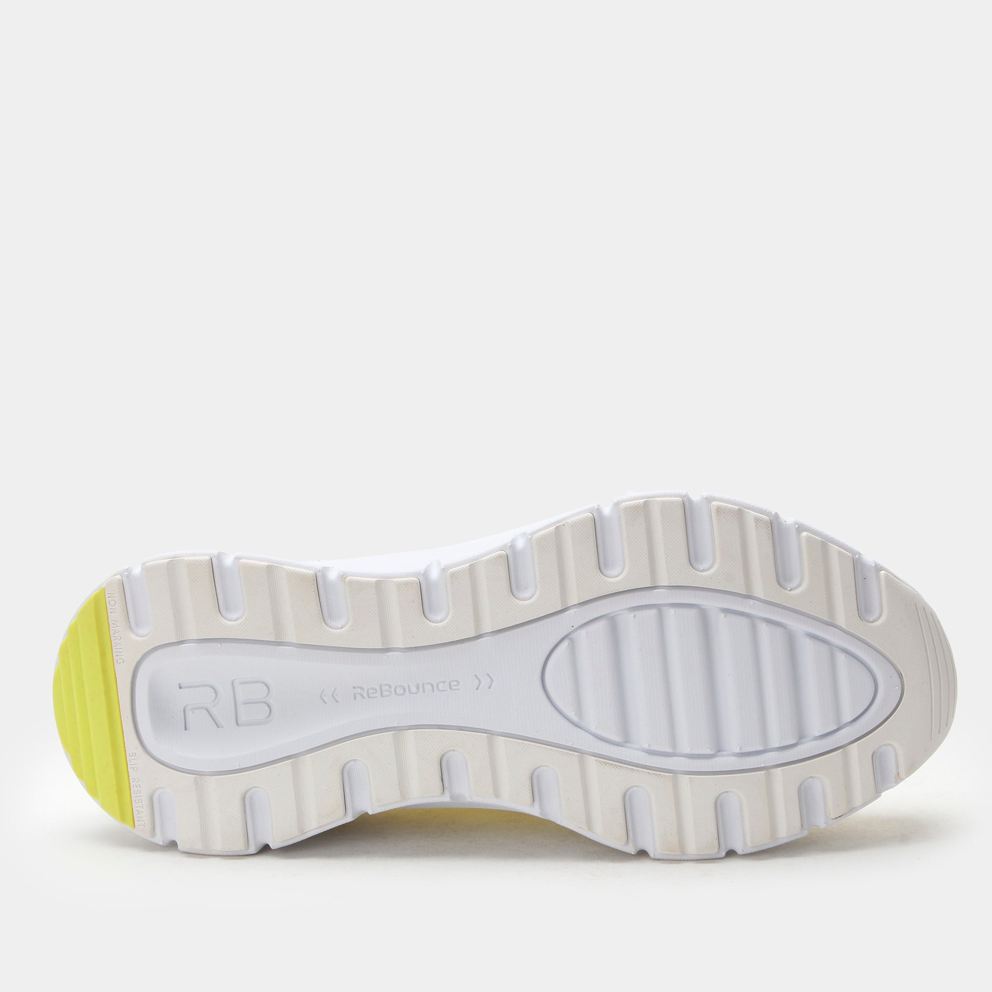 Sole of a shoe with 'RB' branding on a white background