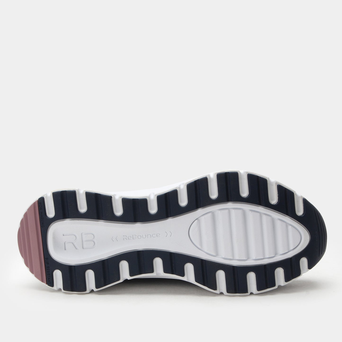 Close-up of a shoe sole with 'RB' branding on a white background