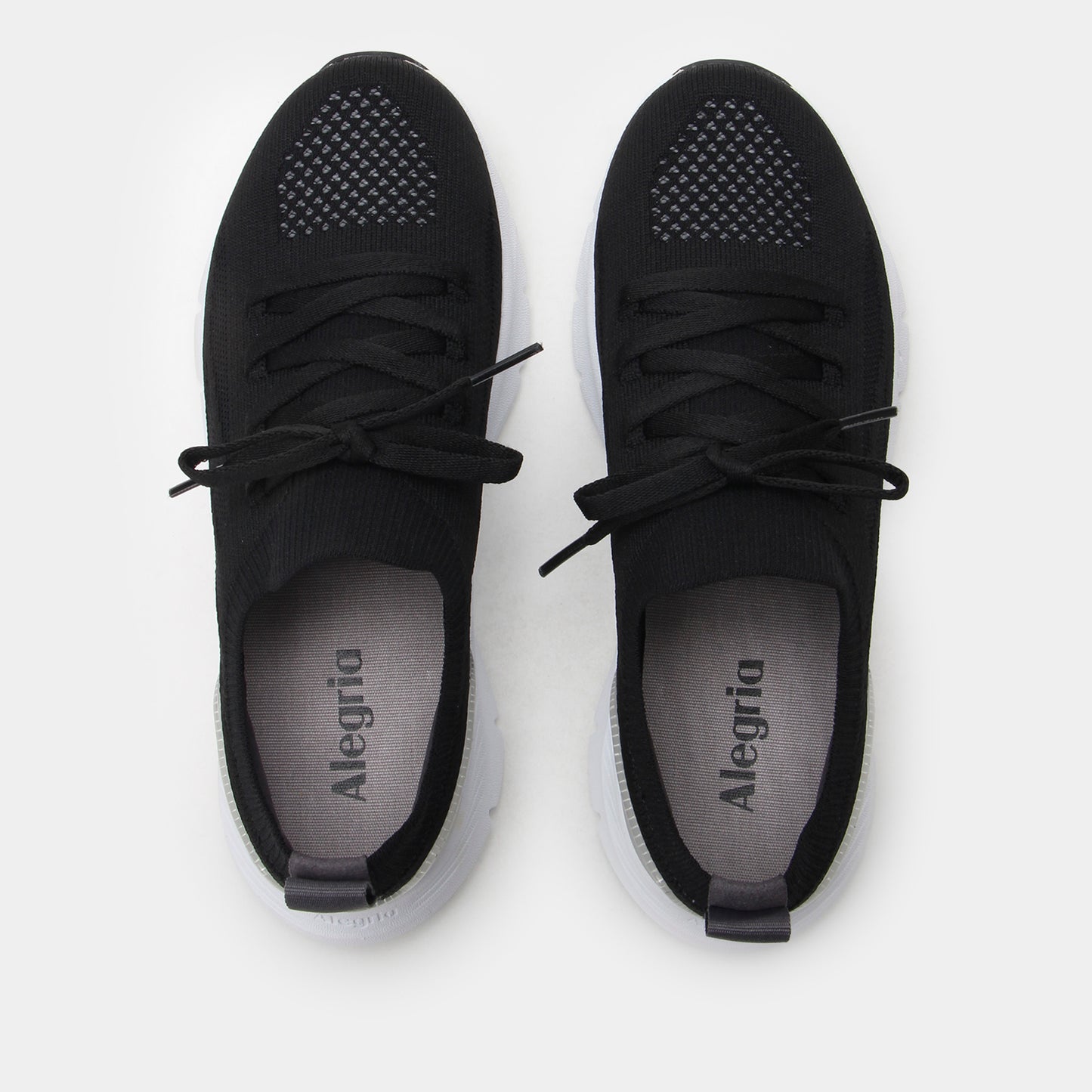 Black sneakers with 'Alegria' branding on a white background