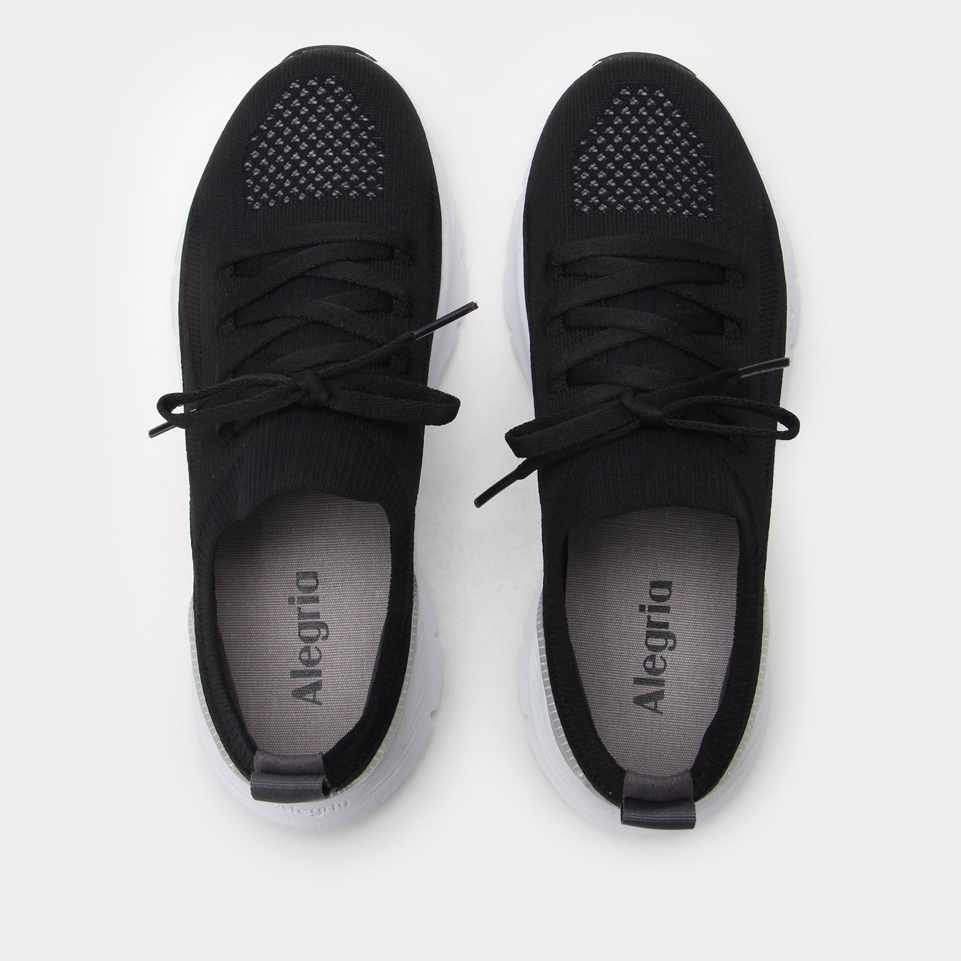 Black sneakers with 'Alegria' branding on a white background