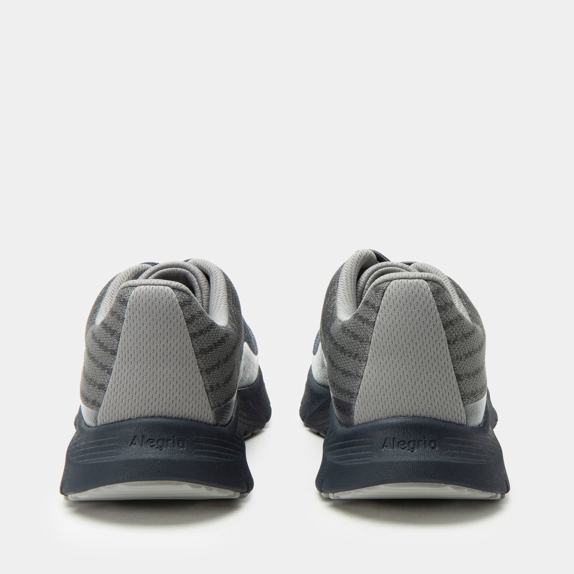 Gray and navy running shoes with 'Alegria' branding on a white background