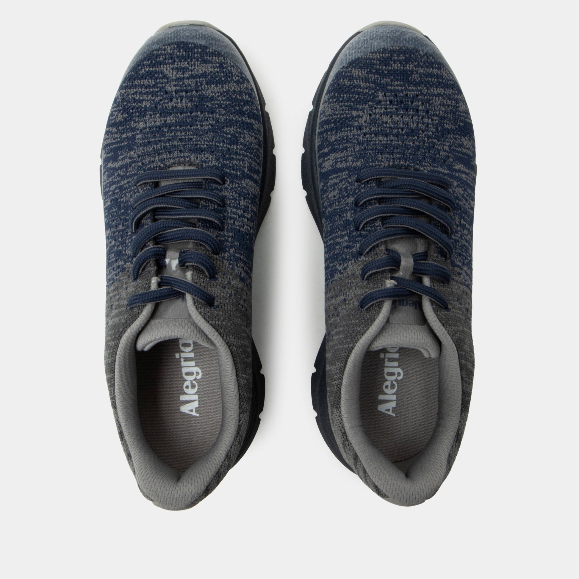 Pair of blue sneakers with 'Alegria' branding on a white background
