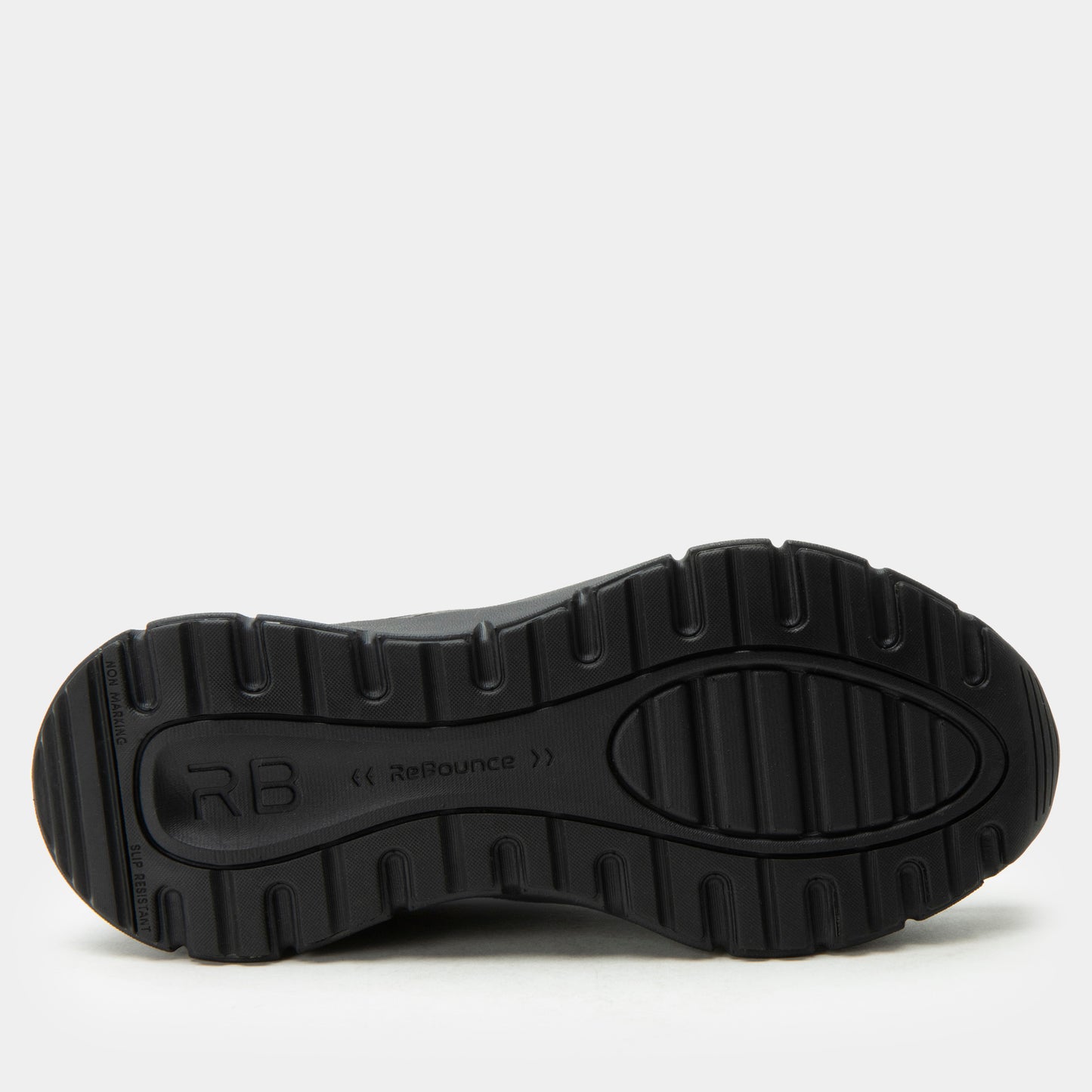 Black sole of a shoe with 'RB' branding on a white background
