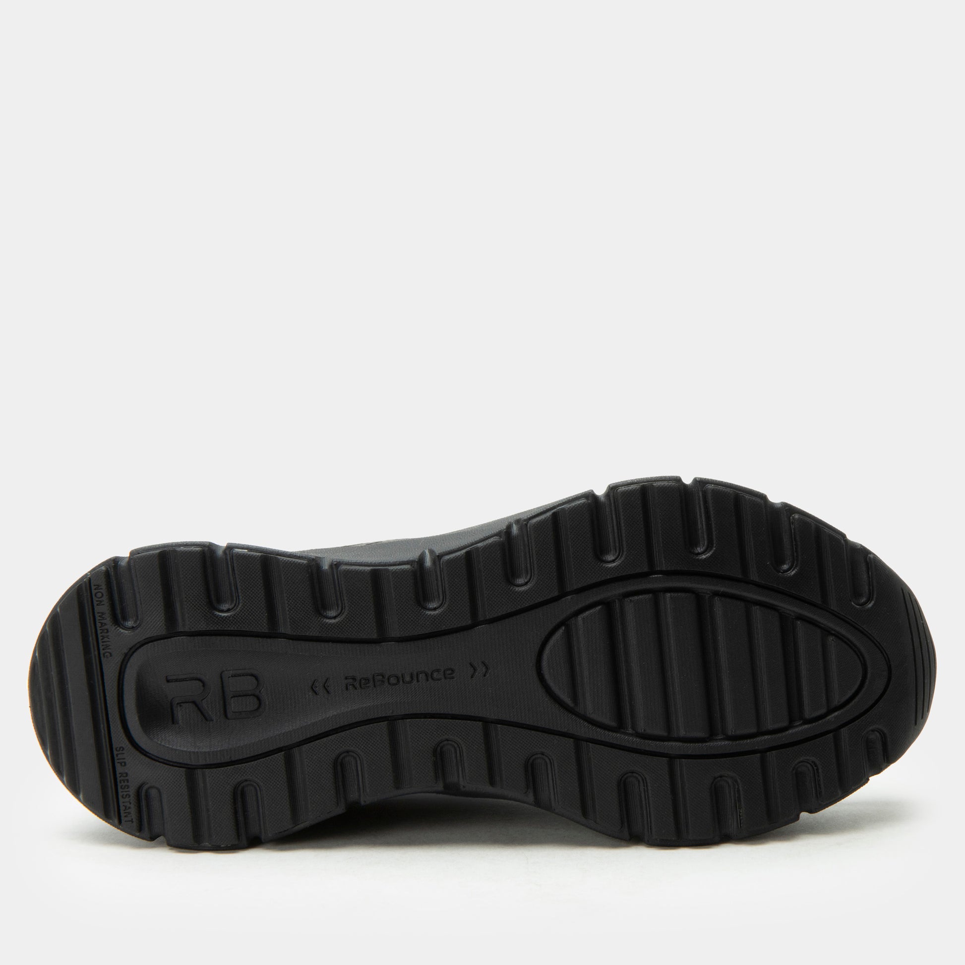 Black sole of a shoe with 'RB' branding on a white background
