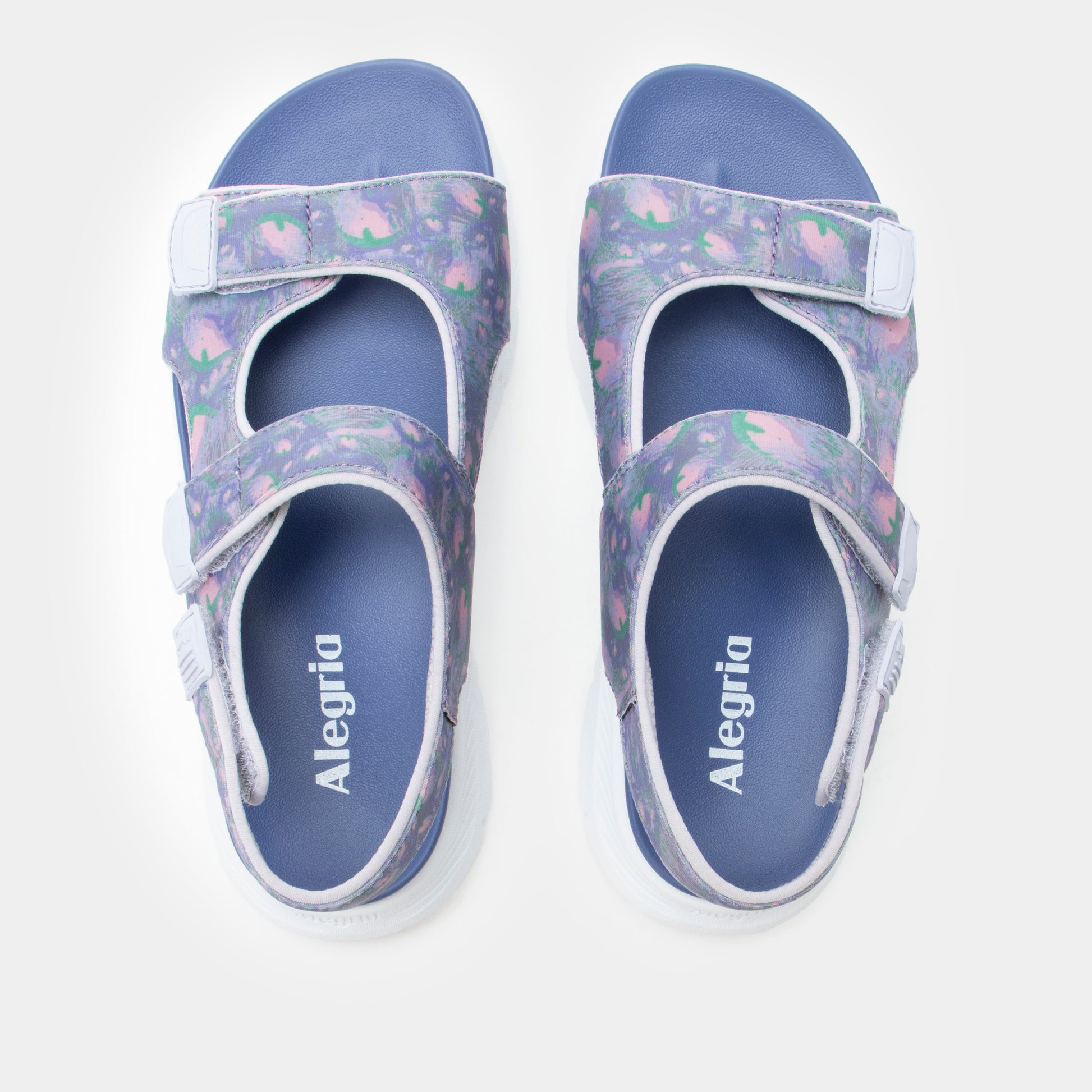 Pair of floral-patterned sandals with 'Alegria' branding on a white background