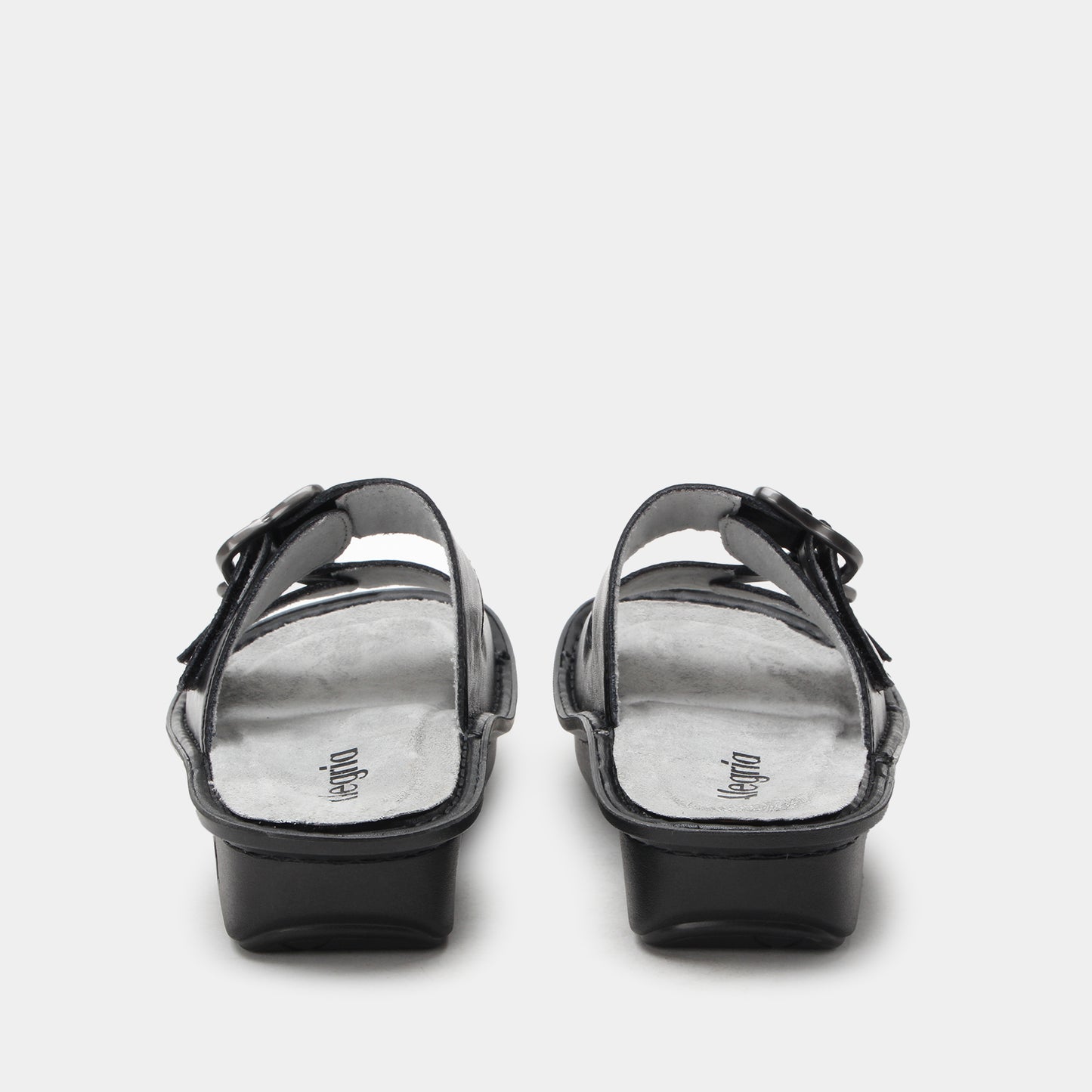 Black sandals with a brand logo on a white background