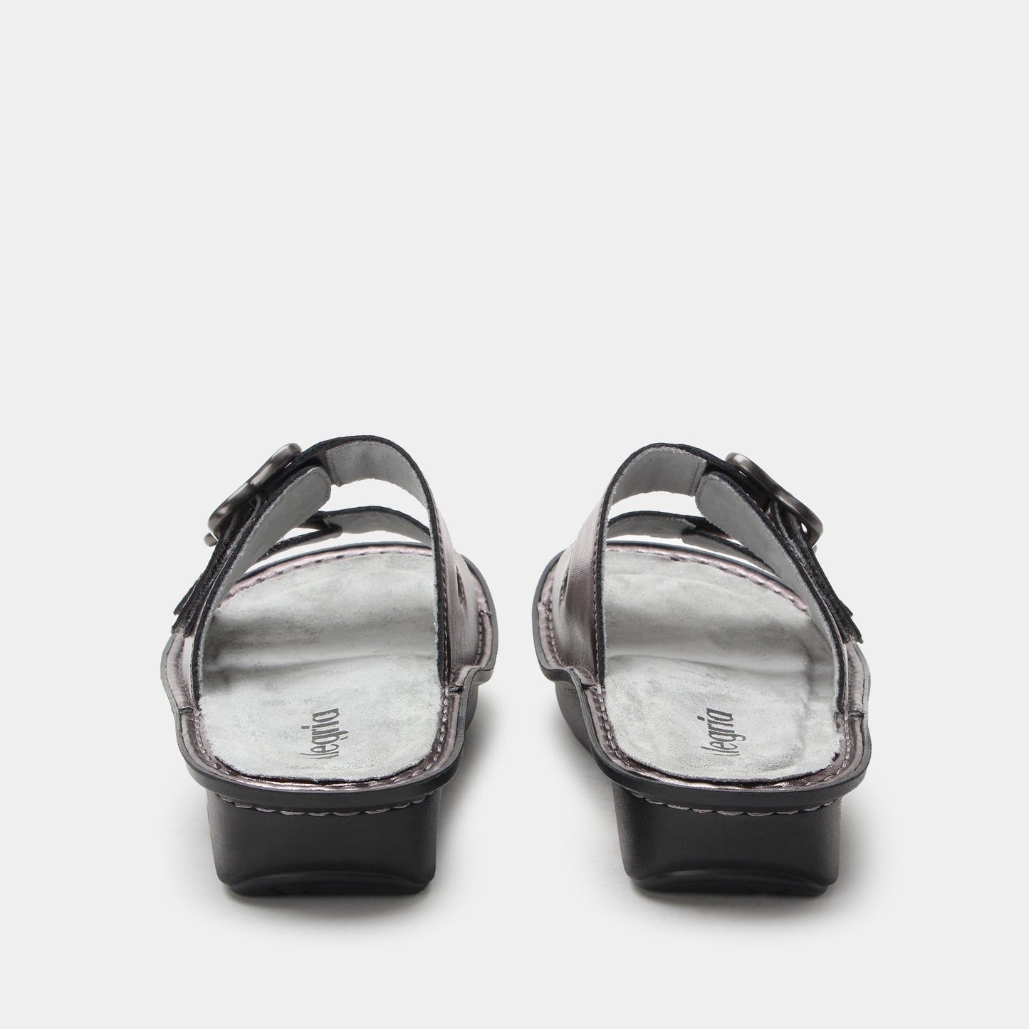 Black sandals with a brand logo on a white background