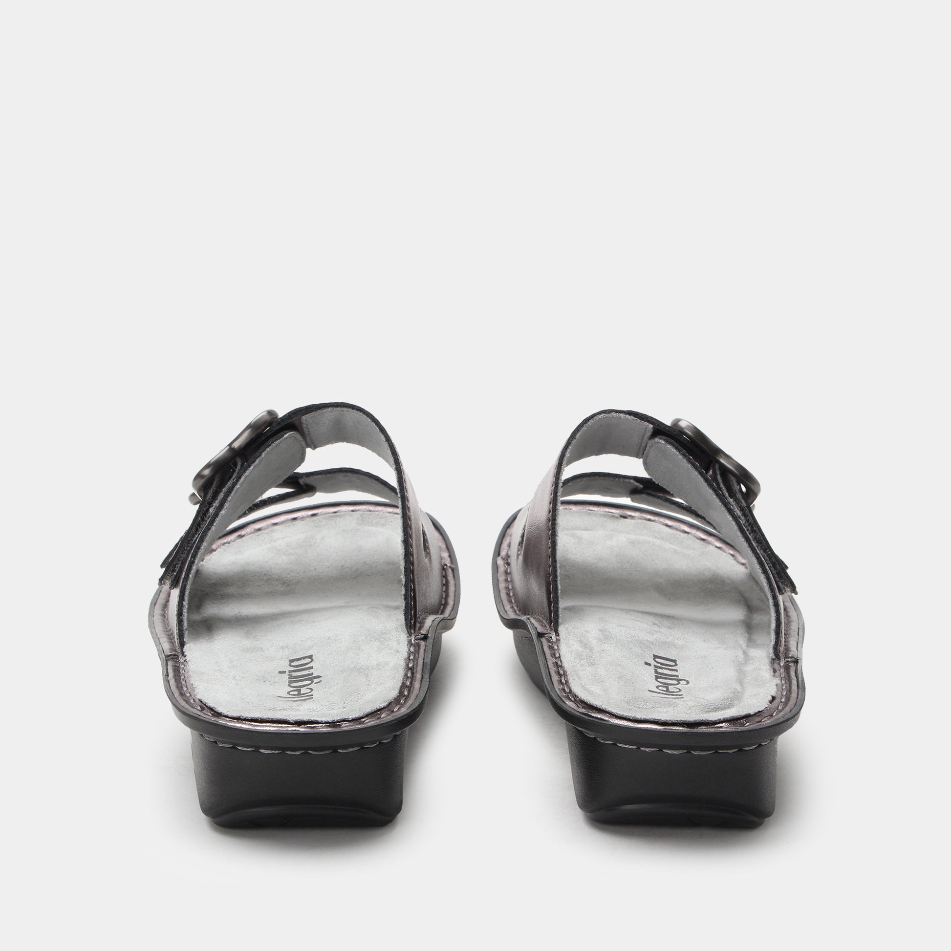 Black sandals with a brand logo on a white background