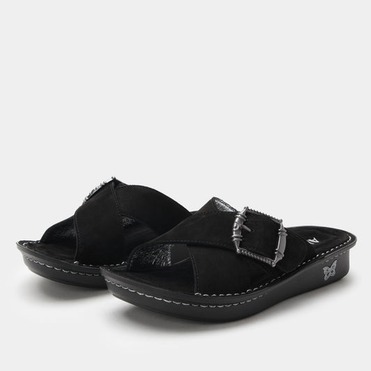 Pair of black sandals with buckles on a white background