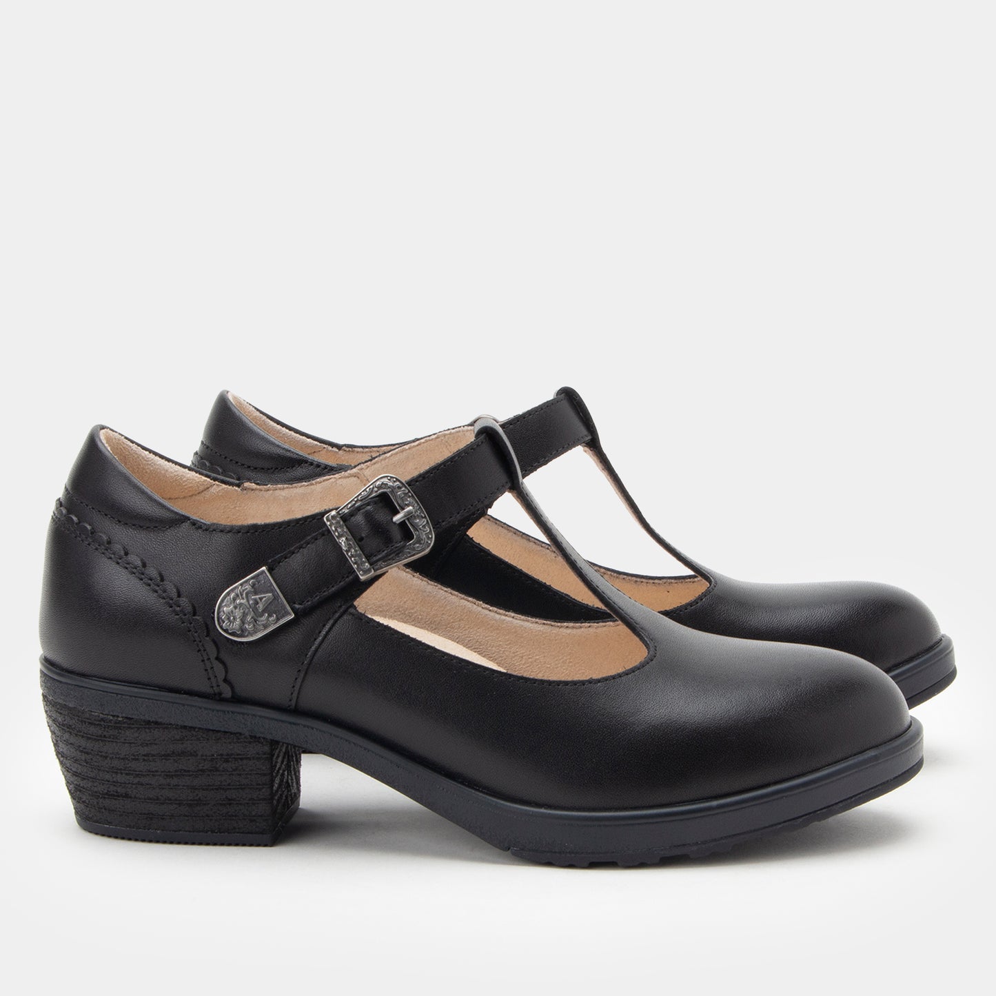 A pair of black leather Mary Jane shoes with a low block heel and a silver buckle strap, shown against a light gray background.