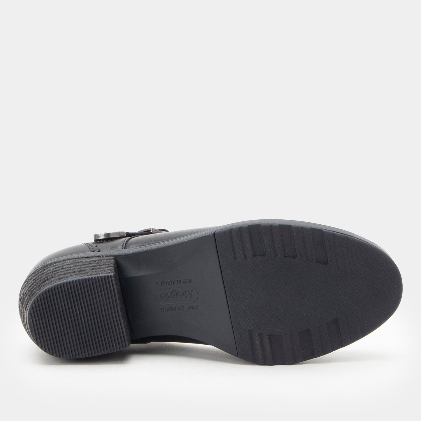 Black shoe sole with a brand logo on a white background