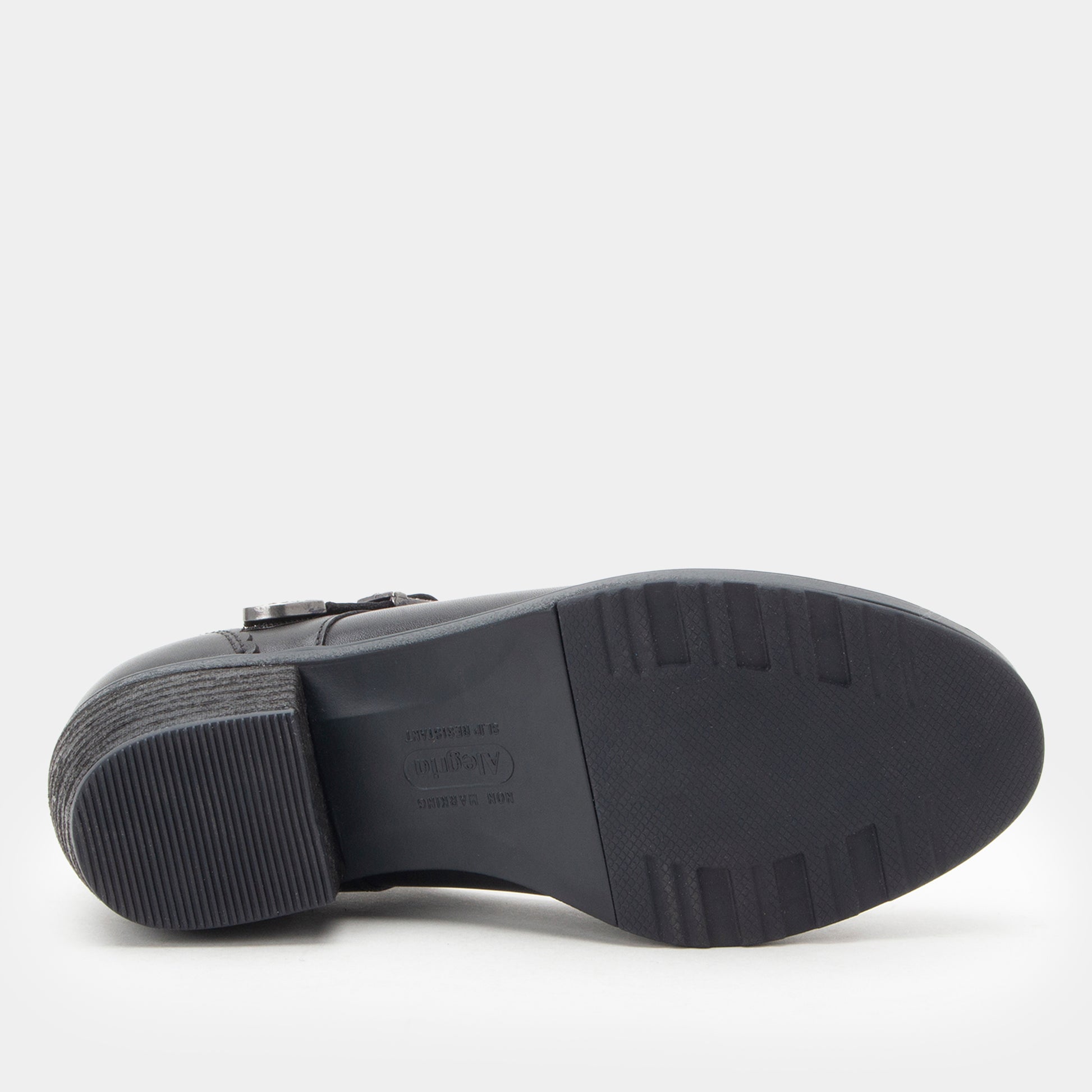 Black shoe sole with a brand logo on a white background