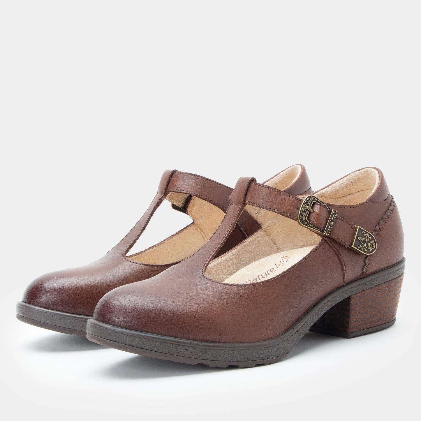 A pair of women's Mary Jane-style shoes in dark brown leather with a low block heel, T-strap design, and decorative metal buckle, shown on a light gray background.