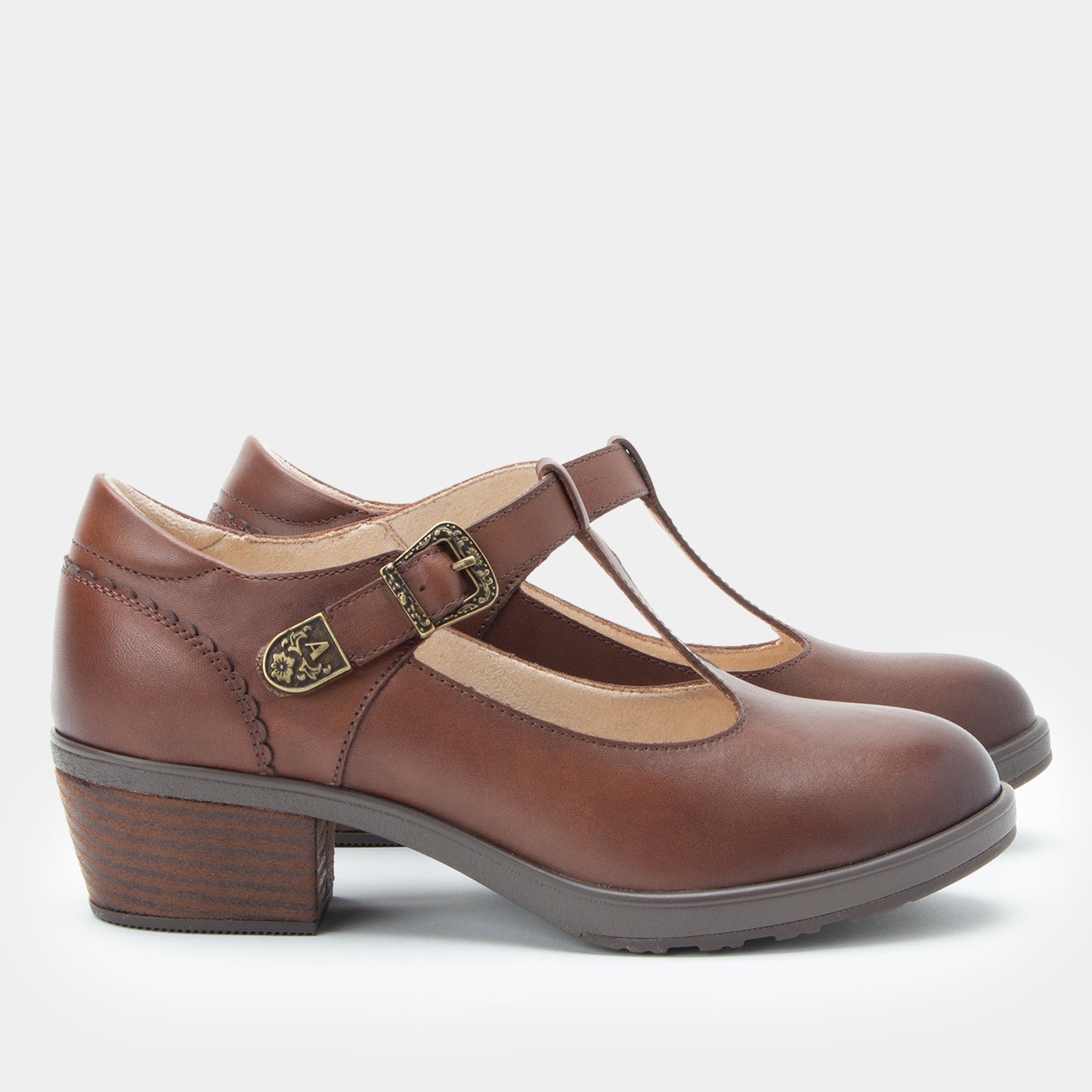 A pair of women's brown leather Mary Jane shoes with a low block heel, T-strap, and decorative buckle, shown against a light gray background.
