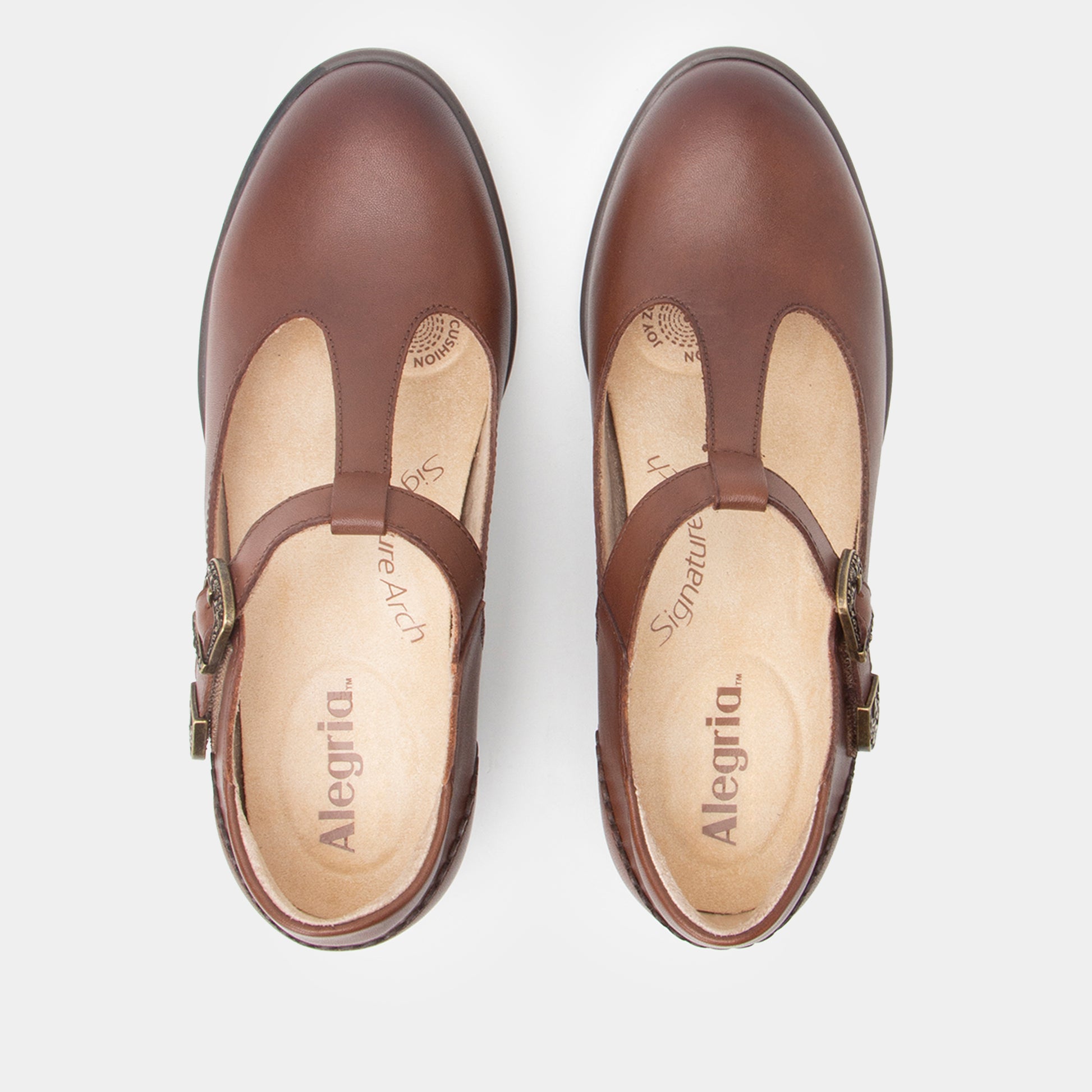 A pair of brown leather T-strap Mary Jane shoes shown from a top-down view on a light gray background. The brand name 'Alegria' is visible on the beige insoles.
